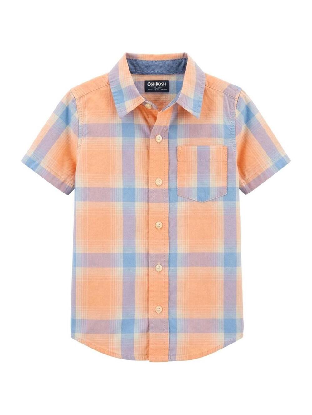 OshKosh B’gosh Boys Plaid Button Up Shirt Size 5 Peach Blue Short Sleeve Cotton